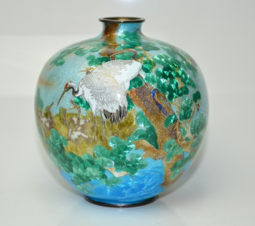 粂野締太郎 / 明治 七宝 / 鶴に日の出図 花瓶
